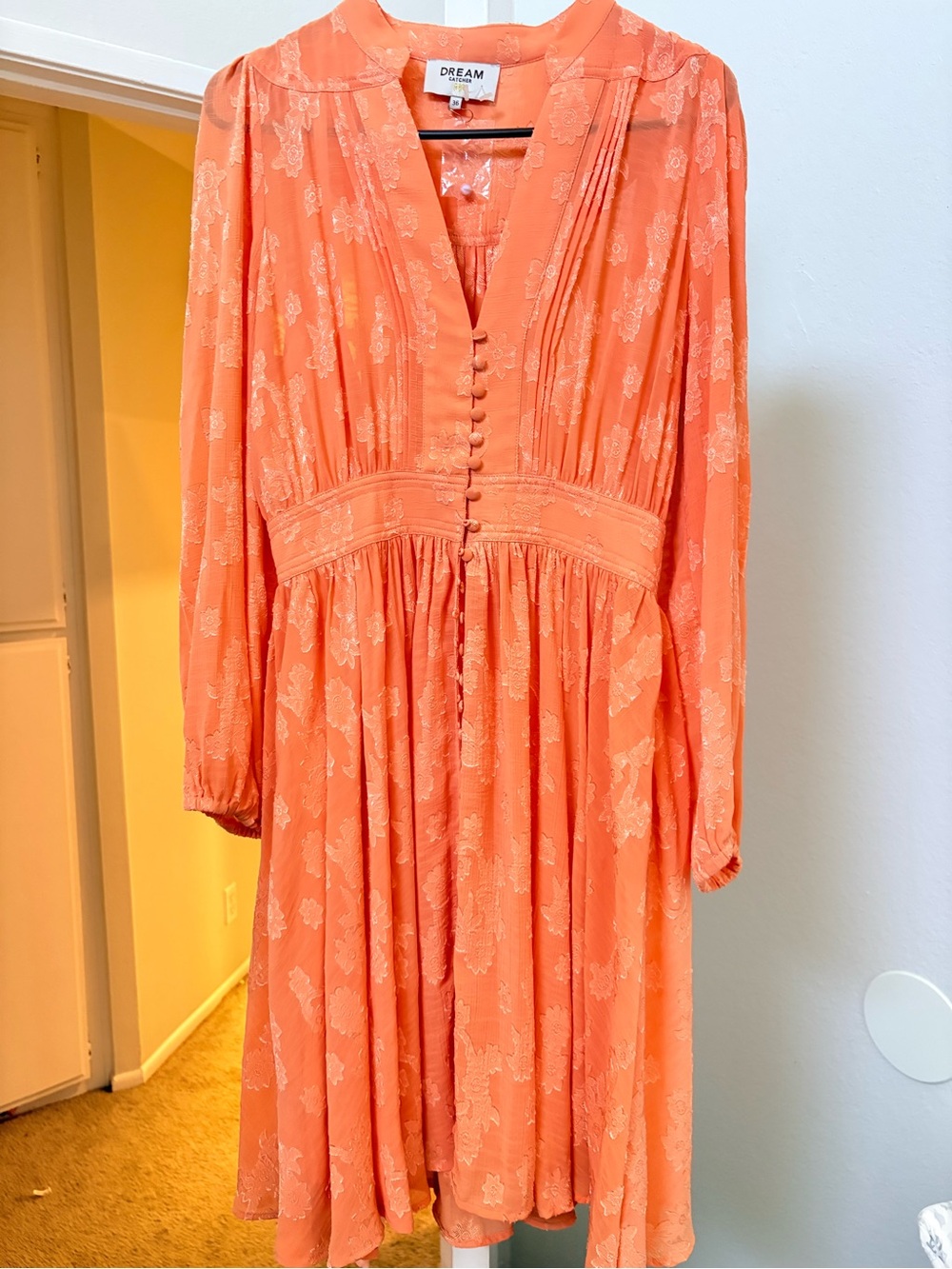 NWOT Dream Catcher Coral Orange Long-Sleeve Midi Dress US Size 6